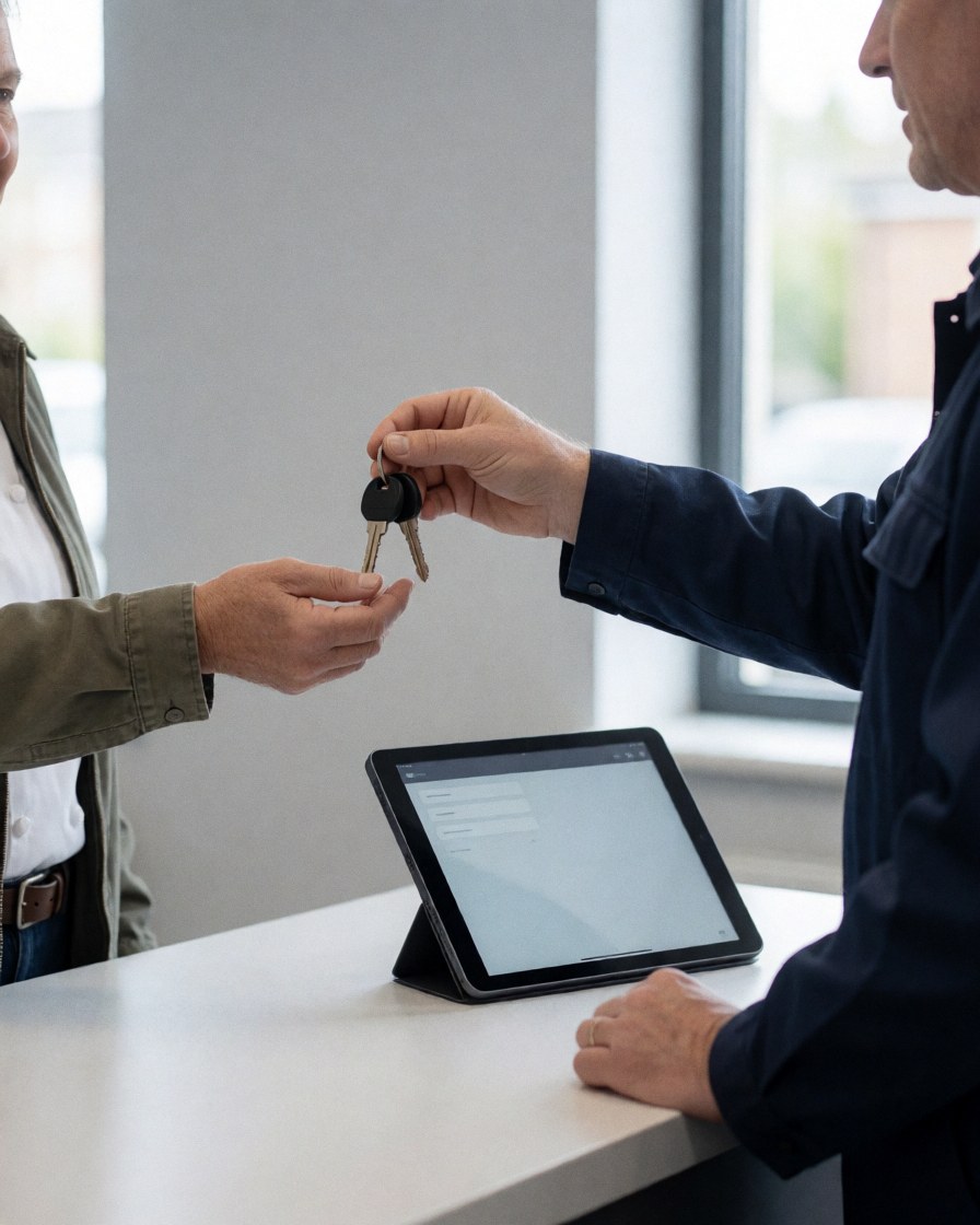 Mécanicien en uniforme remet les clés à un client satisfait derrière un comptoir, tenant une tablette, dans un bureau moderne et lumineux.