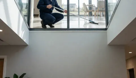 Un employé en uniforme bleu nettoie une grande fenêtre avec un squeegee. Le sol poli reflète la lumière naturelle, les murs blancs sont propres.