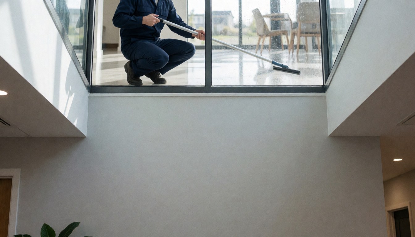 Un employé en uniforme bleu nettoie une grande fenêtre avec un squeegee. Le sol poli reflète la lumière naturelle, les murs blancs sont propres.