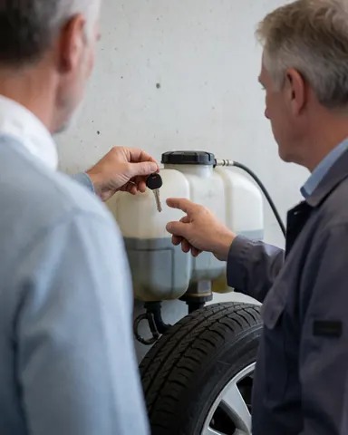 Un mécanicien dans un atelier automobile pointe vers un réservoir d'eau tandis qu'un client tient une clé, lors d'une réparation de pneu en cours.