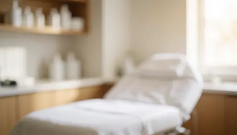 Arrière-plan flou d'une salle de traitement avec un lit blanc, une étagère en bois, des bouteilles, des lumières chaudes et une ambiance relaxante.