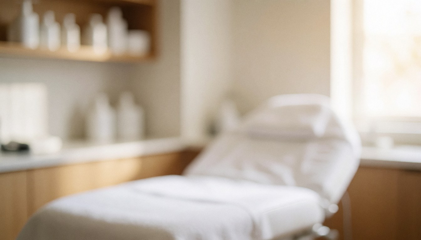 Arrière-plan flou d'une salle de traitement avec un lit blanc, une étagère en bois, des bouteilles, des lumières chaudes et une ambiance relaxante.