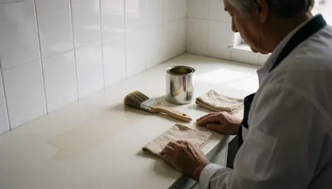 Un professionnel applique un fini avec un chiffon sur une surface de meuble, un pinceau et une boîte de vernis à côté, dans un atelier aux murs carrelés de blanc.