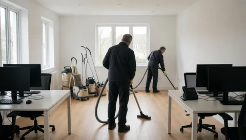 Deux professionnels nettoient un sol en bois avec des aspirateurs HEPA dans un bureau moderne lumineux avec fenêtres et ordinateurs.