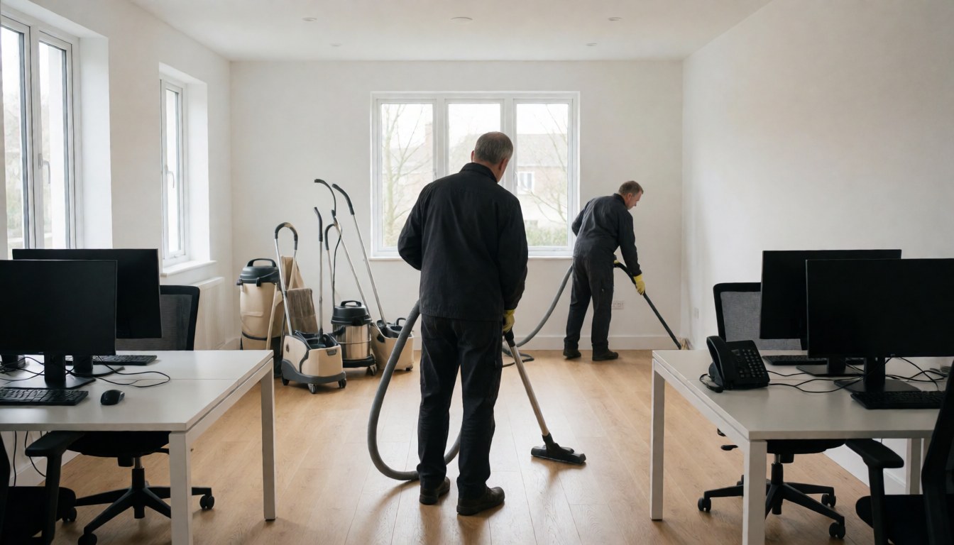 Deux professionnels nettoient un sol en bois avec des aspirateurs HEPA dans un bureau moderne lumineux avec fenêtres et ordinateurs.