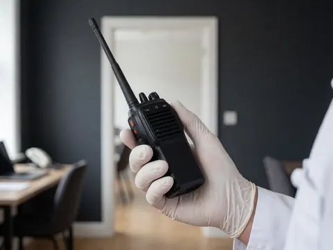 Une main portant un gant blanc tient une radio de communication noire devant un mur gris foncé, illustrant les détails d'un service de banquet professionnel.