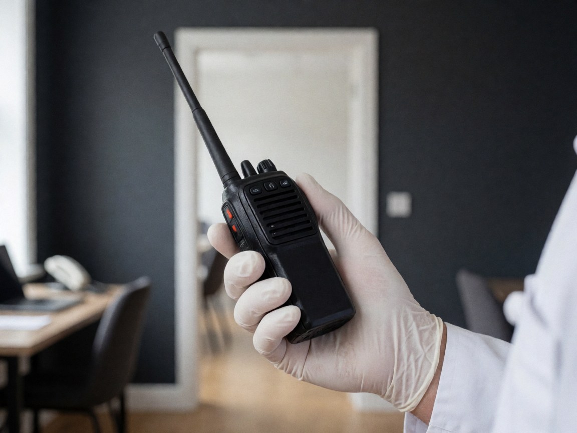 Une main portant un gant blanc tient une radio de communication noire devant un mur gris foncé, illustrant les détails d'un service de banquet professionnel.