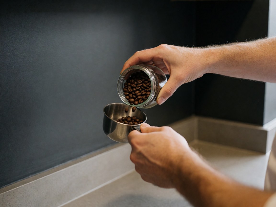 Grains de café versés d'un bocal en verre dans une cuillère métallique sur un mur gris anthracite dans un apart-hôtel.