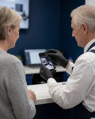 Technicien en gants noirs présente le nouvel objectif d'un téléphone allumé à un client dans un atelier à mur bleu foncé et table de travail.