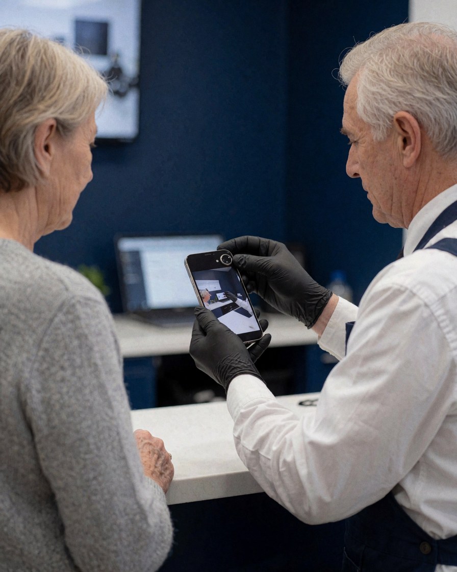 Technicien en gants noirs présente le nouvel objectif d'un téléphone allumé à un client dans un atelier à mur bleu foncé et table de travail.