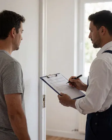 Un technicien en uniforme remet un rapport sur un porte-documents à un client debout devant une porte, sur fond de mur blanc avec une lumière naturelle.