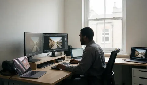 Éditeur de photographie panoramique travaillant dans son studio avec deux moniteurs et une lumière naturelle, montrant son environnement de travail professionnel.