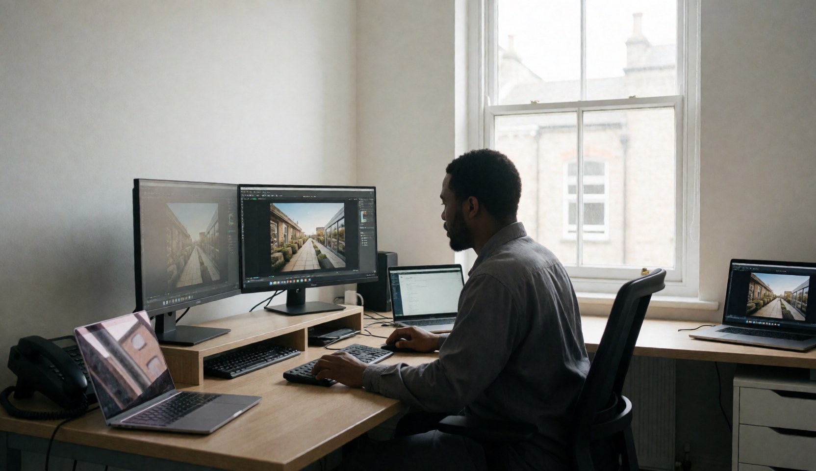 Éditeur de photographie panoramique travaillant dans son studio avec deux moniteurs et une lumière naturelle, montrant son environnement de travail professionnel.