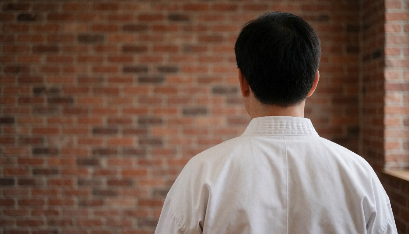 Vue arrière d'une personne portant un uniforme blanc se tenant devant un mur de briques, éclairage doux et ambiance sereine.