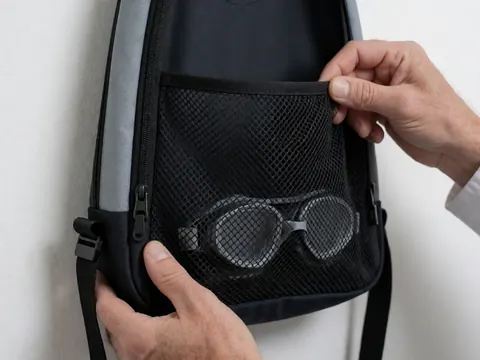 Détail du tissu en maille d'un sac de plage contenant des lunettes de natation, sur un fond blanc uni, idéal pour les entraîneurs de natation.
