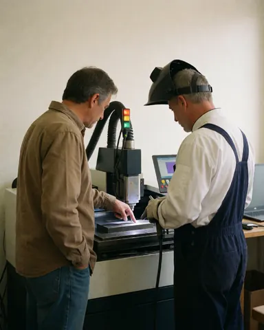 Un client et un opérateur examinent une pièce métallique fraîchement découpée par une machine laser dans un atelier industriel avec des voyants allumés.