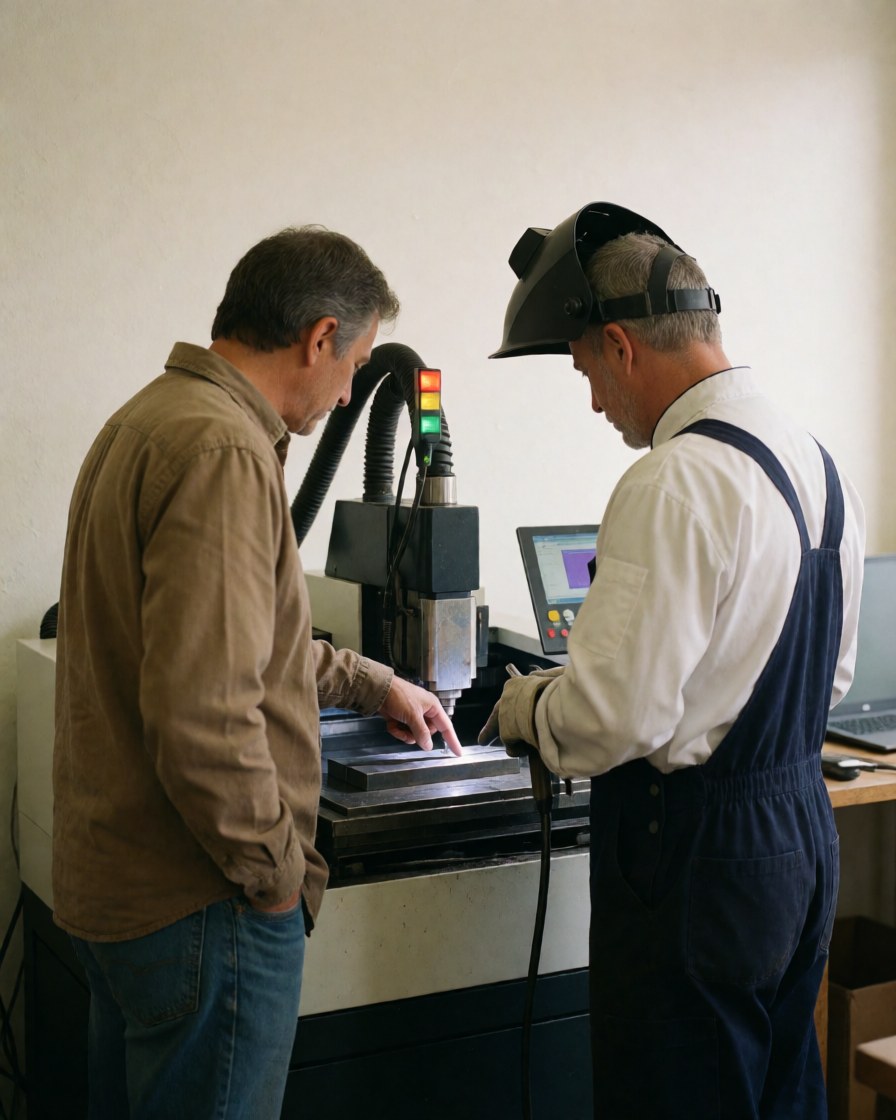 Un client et un opérateur examinent une pièce métallique fraîchement découpée par une machine laser dans un atelier industriel avec des voyants allumés.