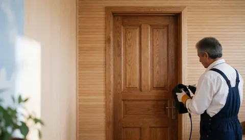 Un homme pose une porte en bois dans un couloir à murs lambrissés, utilisant un outil électrique pour la fixation.