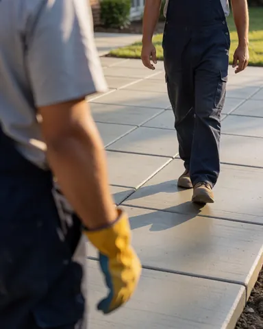 Un maçon marche sur un sol en béton frais, portant des gants et des chaussures de sécurité, sous la lumière du coucher de soleil.
