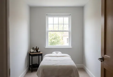 Salle de massage équipée d'un lit couvert, d'une table latérale avec des huiles, baignée de lumière naturelle par une fenêtre, murs gris clair, ambiance sereine et professionnelle.