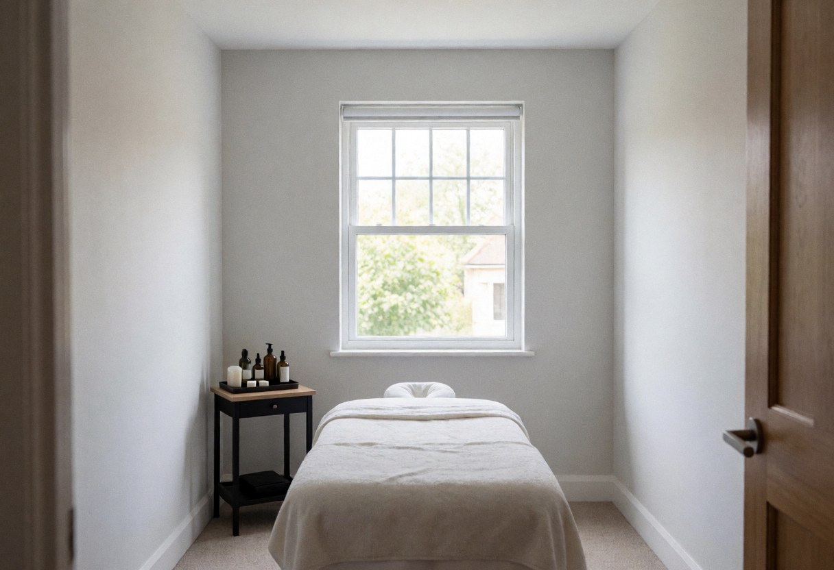 Salle de massage équipée d'un lit couvert, d'une table latérale avec des huiles, baignée de lumière naturelle par une fenêtre, murs gris clair, ambiance sereine et professionnelle.