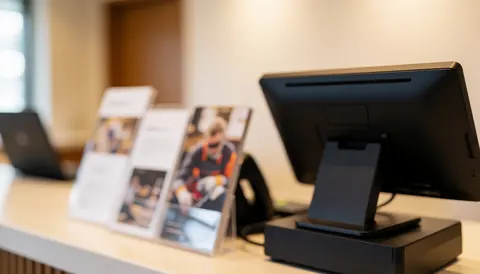 Intérieur d'un club sportif montrant un bureau d'accueil avec un terminal de paiement et des brochures, éclairage chaleureux et arrière-plan flou pour texte.