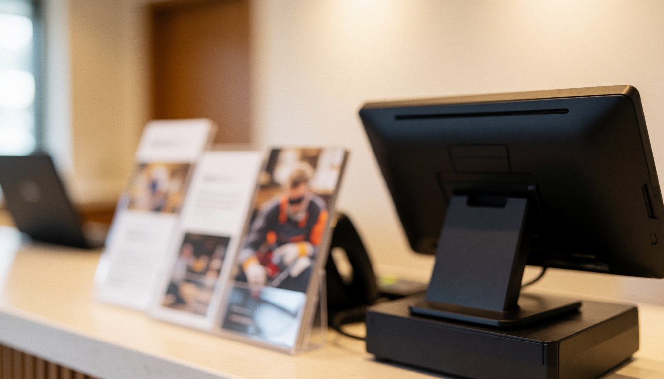 Intérieur d'un club sportif montrant un bureau d'accueil avec un terminal de paiement et des brochures, éclairage chaleureux et arrière-plan flou pour texte.