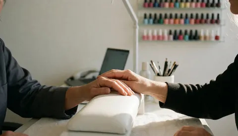 Manucure professionnelle en cours dans un salon, avec des vernis et des outils visibles sur les mains en train de travailler.