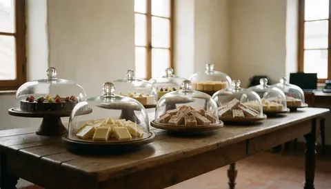 Desserts présentés sous des cloches en verre sur une table en bois rustique, éclairés par la lumière naturelle, dans un espace aux murs blancs chauds, idéal pour un coordinateur d'événements.