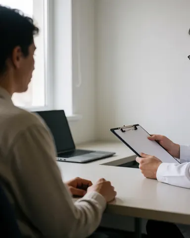 Un client assis en consultation avec un thérapeute tenant un dossier, un ordinateur portable sur le bureau, des murs blancs et une lumière naturelle.