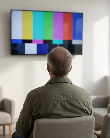 Un client âgé observe un écran de test sur une télévision réparée dans une salle d'attente moderne.