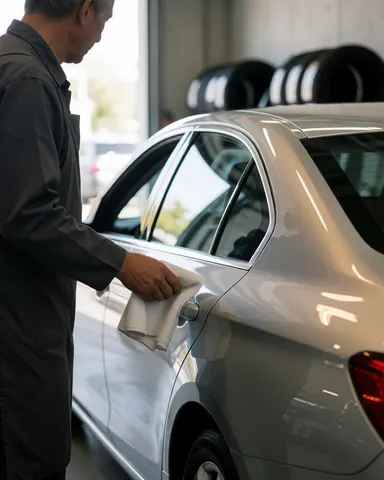 Mécanicien en tablier gris essuyant une voiture argentée avec un chiffon blanc dans un atelier de pneus