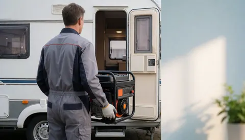 Mécanicien en uniforme transporte un générateur portable vers un camping-car blanc dans une cour extérieure avec une lumière douce du matin et un espace pour le texte à droite.