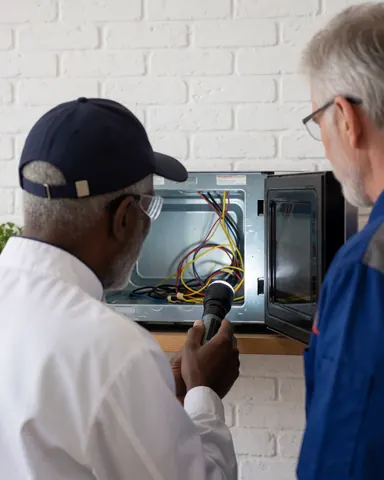 Technicien portant des lunettes de sécurité inspecte l'intérieur d'un micro-ondes ouvert à l'aide d'une lampe de poche sur un mur en briques blanches.