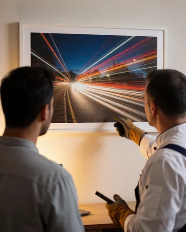 Un photographe cinétique présente à un client satisfait une photographie encadrée de lumières de circulation dans une salle aux murs blancs et à l'éclairage chaleureux.