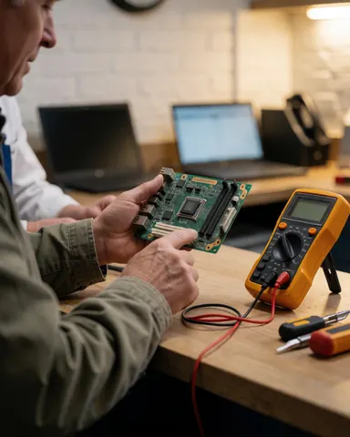 Un technicien de réparation examine attentivement une carte mère électronique à l'aide d'un multimètre dans un atelier.