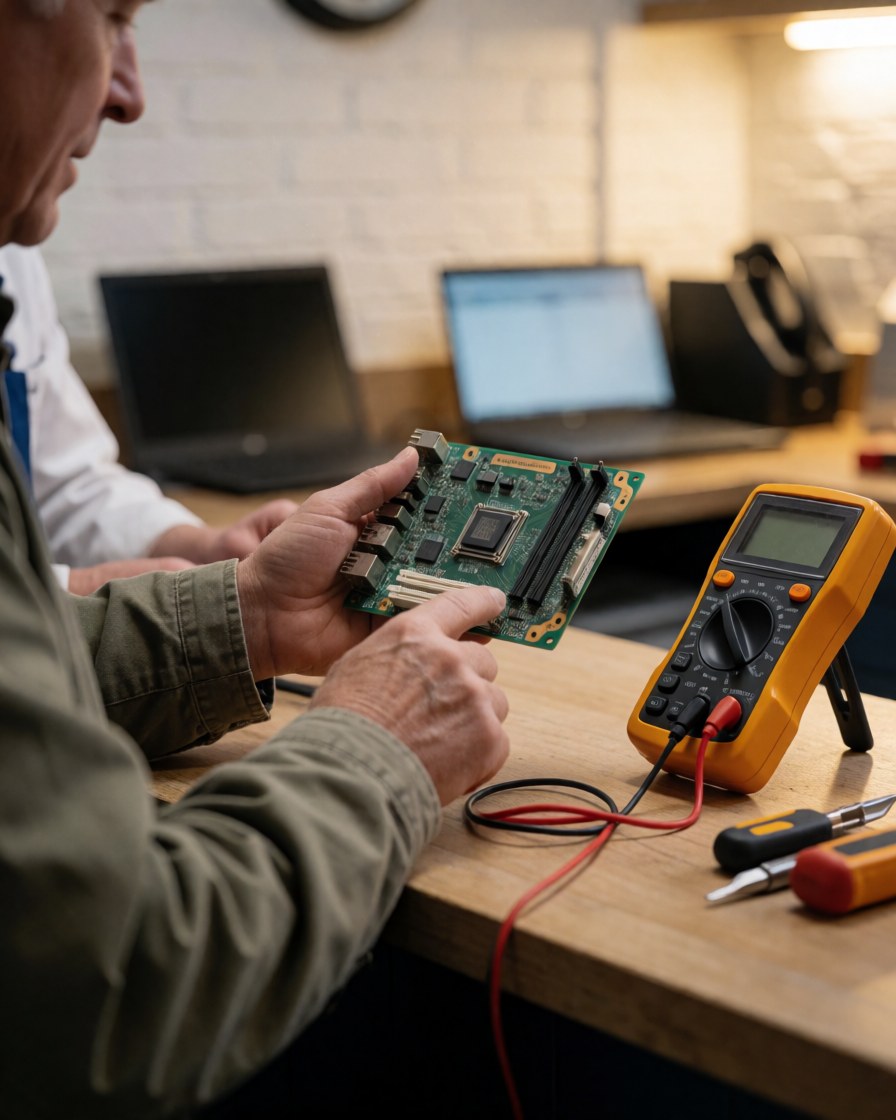 Un technicien de réparation examine attentivement une carte mère électronique à l'aide d'un multimètre dans un atelier.