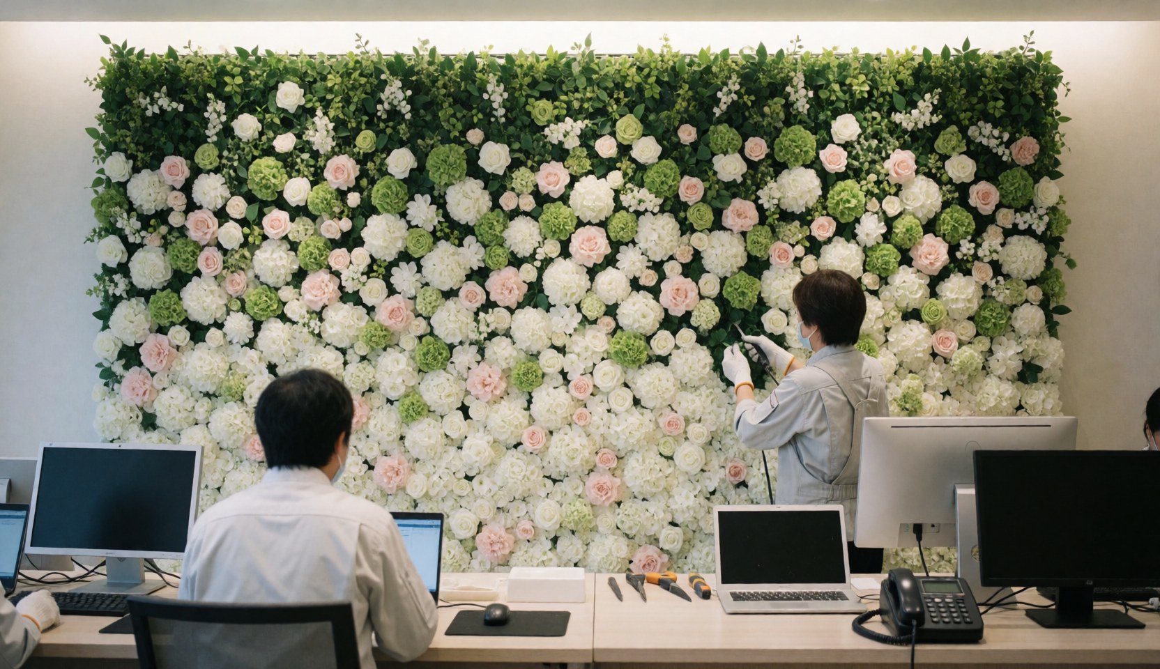 Une personne travaille sur un mur floral blanc et vert dans un bureau moderne avec outils et ordinateurs sur la table, idéal pour la décoration d'événements.