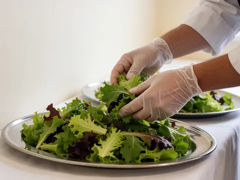 Des mains portant des gants placent de la laitue fraîche sur des plats de service posés sur une table blanche, préparation culinaire pour événements.