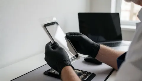 Un technicien portant des g noirs pose un protecteur d'écran sur un smartphone démonté posé sur une table blanche avec un ordinateur portable en arrière-plan