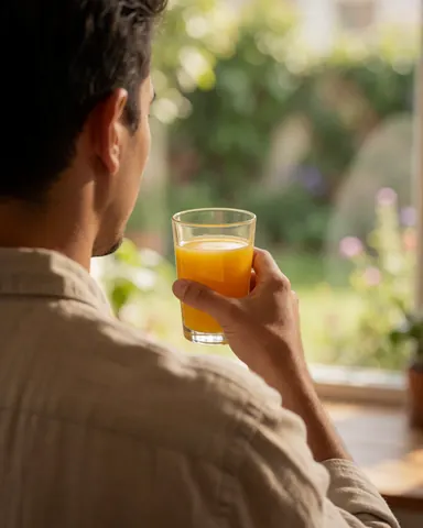 Un client savoure un verre de jus d'orange en regardant le jardin depuis une fenêtre d'une maison d'hôtes.
