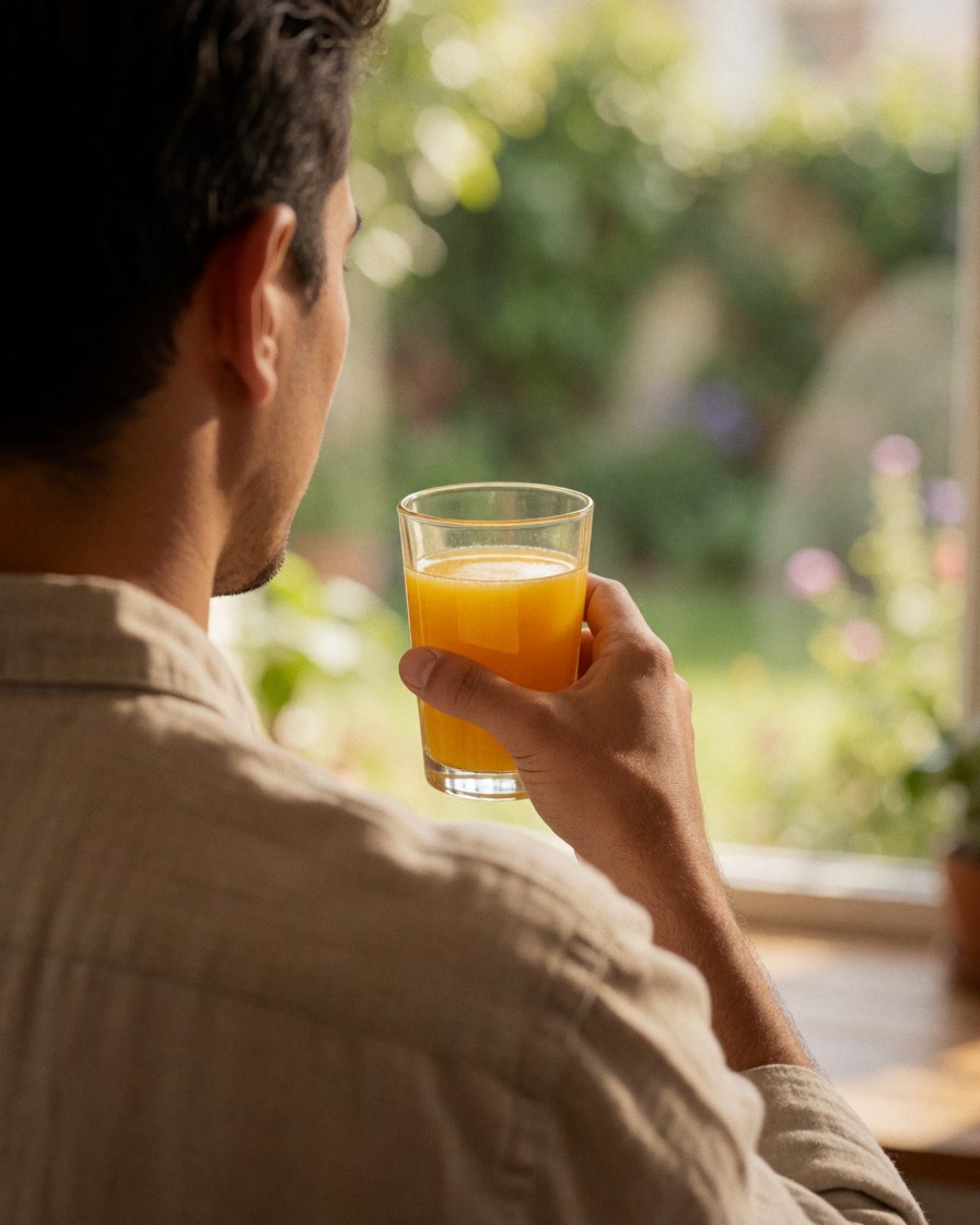 Un client savoure un verre de jus d'orange en regardant le jardin depuis une fenêtre d'une maison d'hôtes.