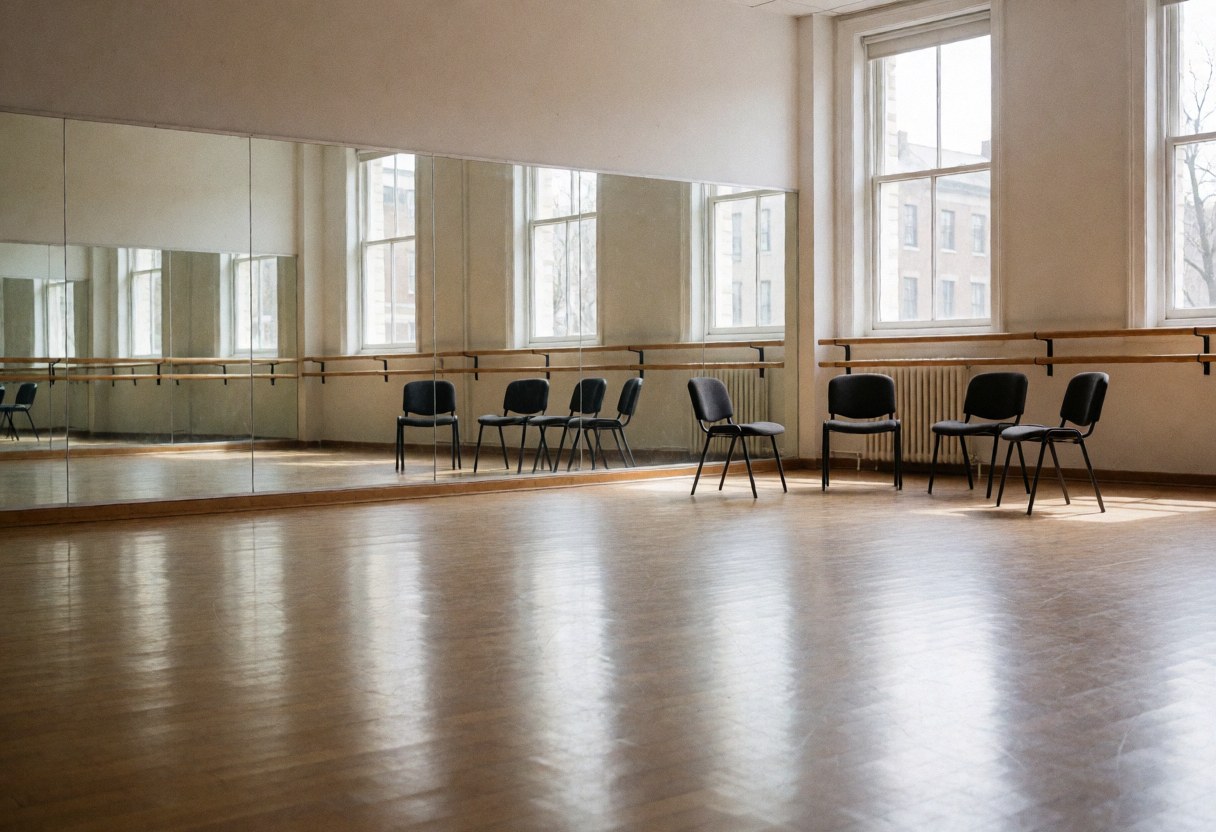 Vaste studio de danse vide équipé de grands miroirs muraux, de barres de ballet et de chaises noires disposées sur un sol en bois clair.