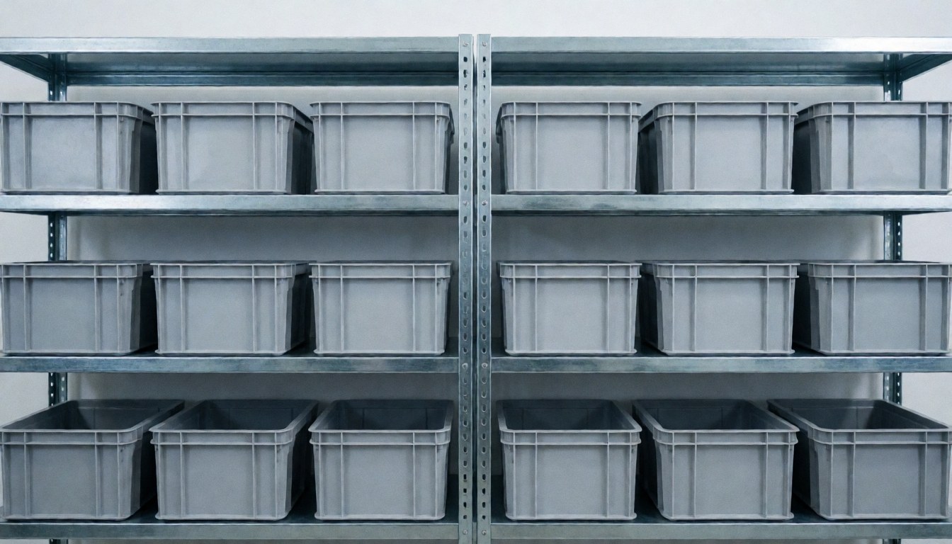 Des étagères industrielles en métal contenant des boîtes en plastique grises, offrant un fond propre et ordonné pour du texte sur la réparation de téléviseurs.