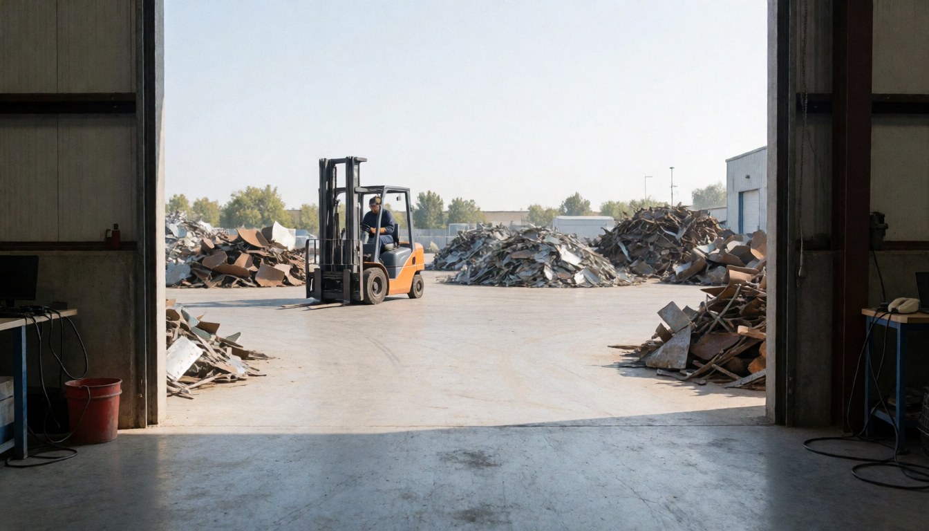 Un opérateur de grue travaille dans une zone de chargement avec des tas de métal recyclé sous la lumière du jour, adapté à une page d'accueil d'entreprise de recyclage.