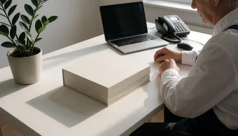 Un écrivain âgé assis à un bureau blanc avec une valise d'écriture, un ordinateur portable, une plante et une lumière naturelle, idéal pour une école d'écriture.