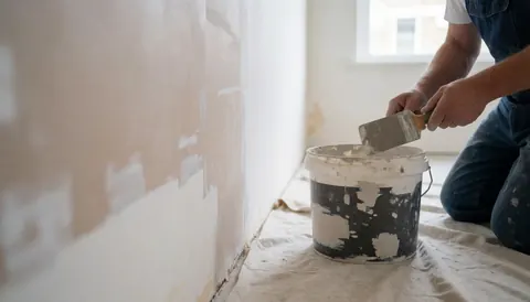 Un professionnel applique de l'enduit sur un mur avec un couteau, sur une bâche protectrice, dans un espace de réparation.