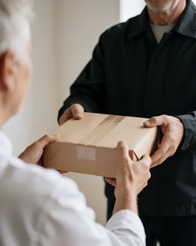 Un livreur remet un colis à un client. Mains visibles sur fond neutre avec éclairage naturel, illustrant le service de livraison en action.