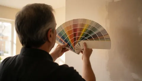 Un peintre professionnel compare des échantillons de couleur devant un mur partiellement peint, éclairé par une lumière naturelle chaude.