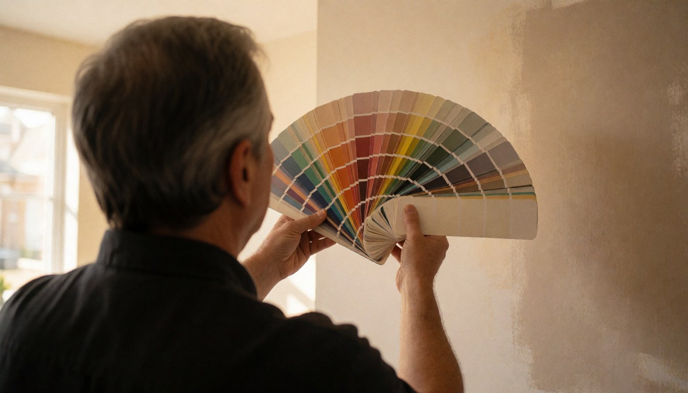 Un peintre professionnel compare des échantillons de couleur devant un mur partiellement peint, éclairé par une lumière naturelle chaude.